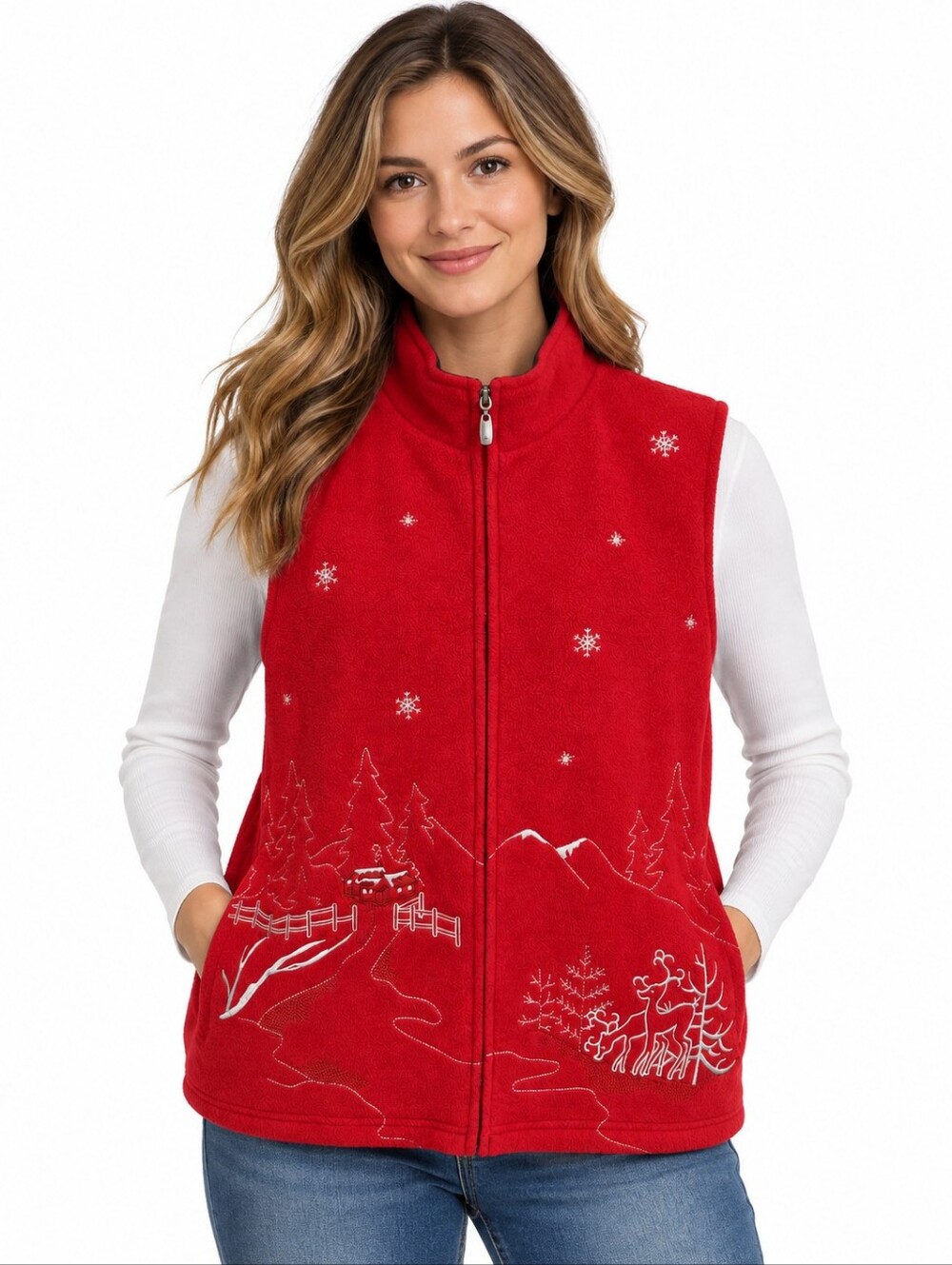 Northern Reflections Red Fleece Vest Women’s Large Embroidered Winter Scene